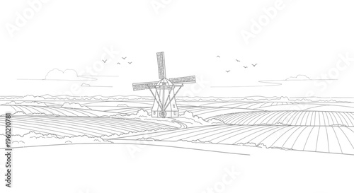 Detailed line art illustration of a traditional windmill in a vast agricultural landscape with fields and flying birds. Vector outline for coloring.