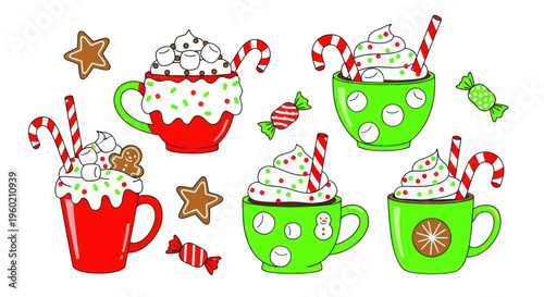 Christmas Hot Chocolate Cups with Marshmallows, Candy Canes, Gingerbread, and Candies