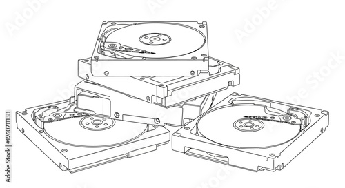 Detailed line drawing of multiple open hard disk drives stacked, representing data storage, computer hardware components, and digital technology concepts.