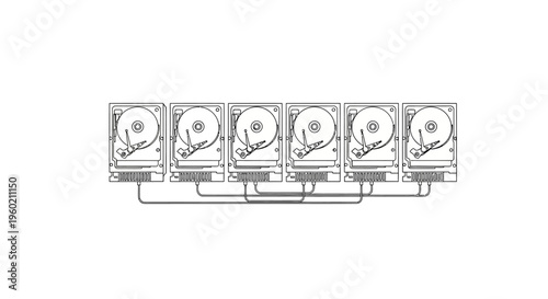 Interconnected internal hard drives illustrating data storage, server infrastructure, or a RAID array concept
