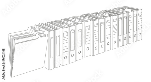 Detailed 3D wireframe illustration of a long row of office binders and document folders for data storage and organization