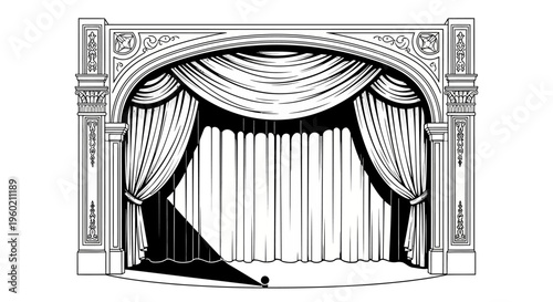 Vintage theater stage with ornate proscenium arch, elegant curtains, and dramatic spotlight. Classic performance venue illustration.