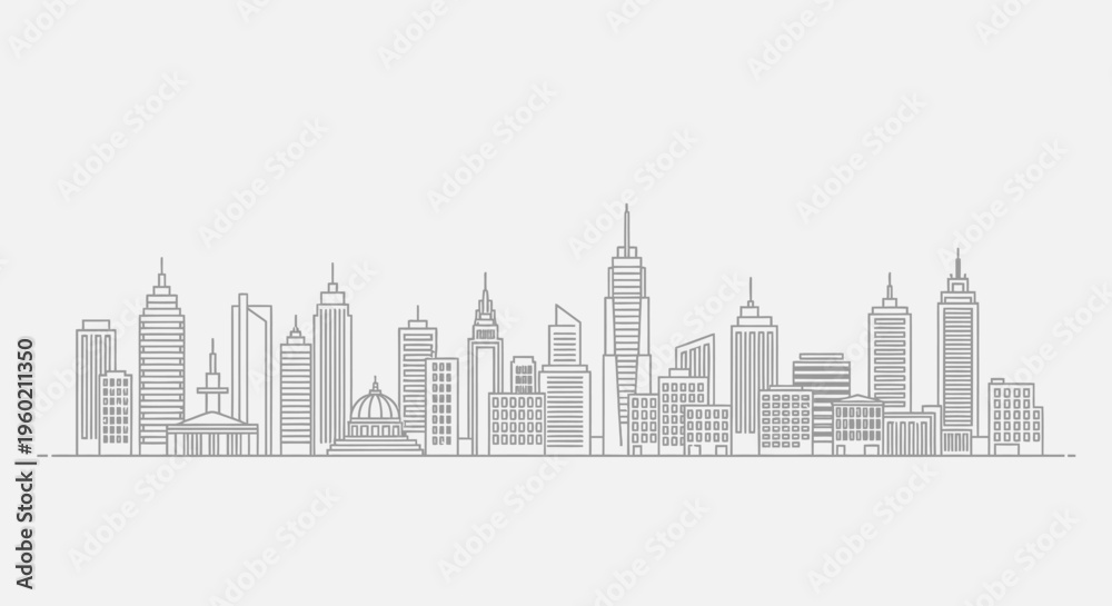 Obraz premium Modern city skyline minimalist line art vector illustration. Urban architecture outline drawing for design, business, and travel concepts.