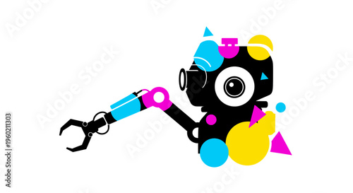 Robot arm with colorful geometric shapes.