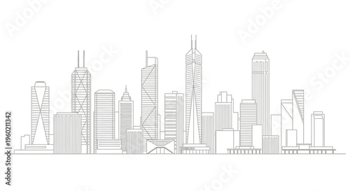Modern minimalist city skyline line art illustration. Contemporary urban landscape with towering skyscrapers and abstract architectural buildings. Vector graphic.