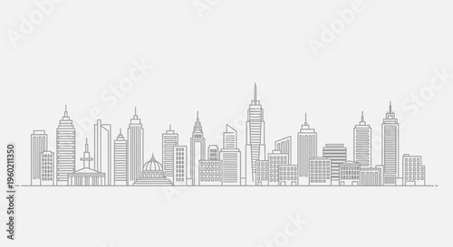Modern city skyline minimalist line art vector illustration. Urban architecture outline drawing for design, business, and travel concepts.