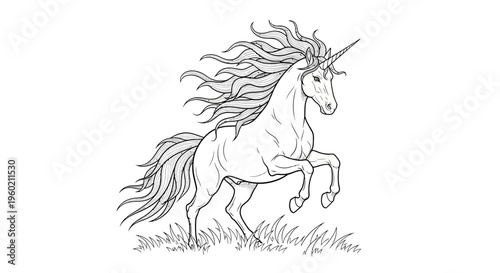Majestic Rearing Unicorn Line Art Illustration with Flowing Mane and Tail, Mythical Fantasy Creature Outline Drawing