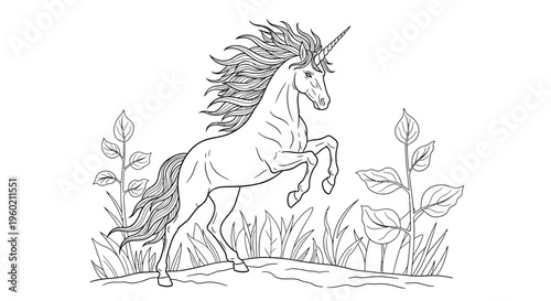 Graceful Rearing Unicorn in Natural Setting, Detailed Line Art Illustration for Coloring Books, Mythical Creature & Fantasy Themes.