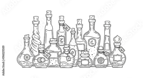 Hand-drawn outline vector illustration of various magic potion bottles, vials, and elixirs with cork stoppers for alchemy themes.