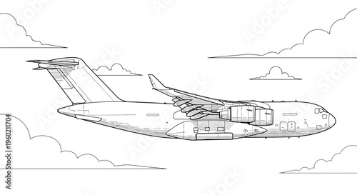 Detailed line art illustration of a heavy cargo transport aircraft flying through clouds in the sky, vector sketch style