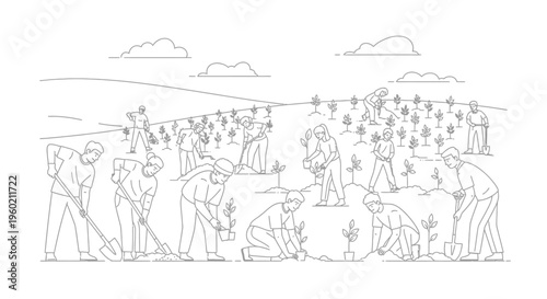 Line art illustration of people planting trees, a community reforestation effort for environmental conservation and ecological restoration.