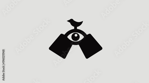 Black graphic depicting an eye, binoculars, and a bird atop a light gray background