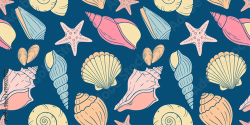 Sea shells seamless pattern with starfish on dark blue background. Nautical background in pastel colors
