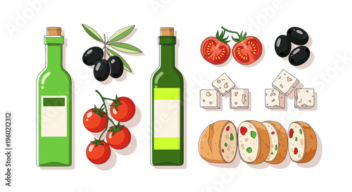 Fresh Mediterranean Ingredients: Olive Oil, Tomatoes, Olives, Feta Cheese, and Bread