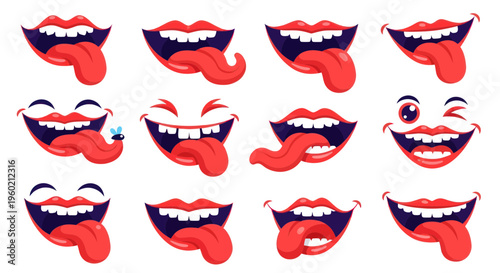 Funny Cartoon Mouth Expressions: Licking Lips, Winking, Tongue Out, Playful Faces