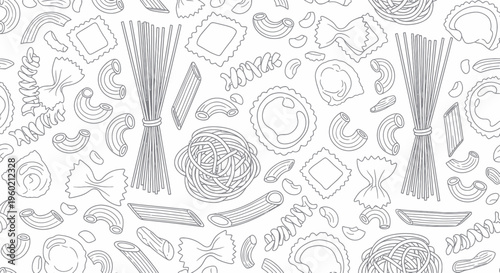 Hand-drawn pasta assortment seamless pattern, Italian food illustration, line art doodle background