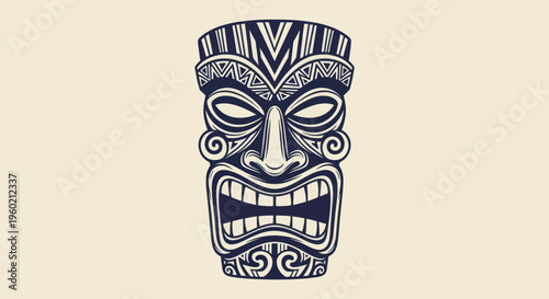 Hawaiian Tiki Mask Tattoo Design, Polynesian Tribal Art, Dark Blue on Cream Background