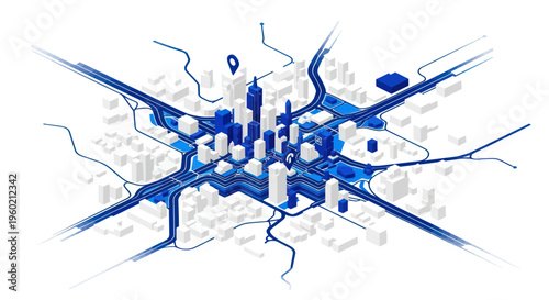 Modern Cityscape Isometric Map with Navigation and Traffic Flow