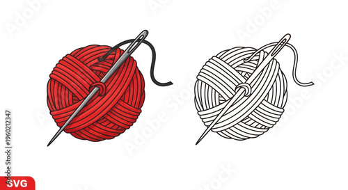Red Yarn Ball with Needle and Thread, Color and Outline Versions