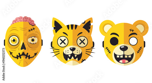 Spooky Halloween Masks: Zombie, Cat, Bear - Flat Design