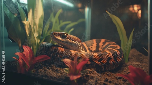 Snake coiled within a tropical terrarium with soft indoor lighting