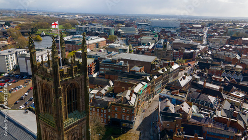 Derby Cathedral tower landmark with flag over city center