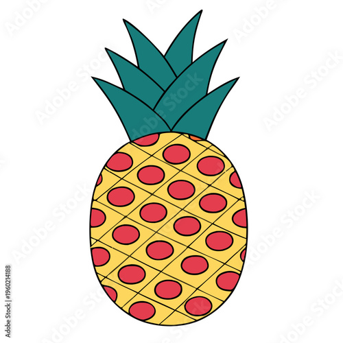 Cute Pineapple Icon Flat Vector Illustration, Tropical Fruit Doodle Style