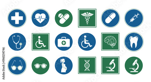 Medical and Healthcare Flat Vector Icons Set. Diverse Health Symbols for Web, App, and Digital Design.