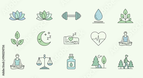 Health and Wellness Icons Set: Meditation, Fitness, Nature, Sleep, Balance, and Healthy Lifestyle Vector Collection