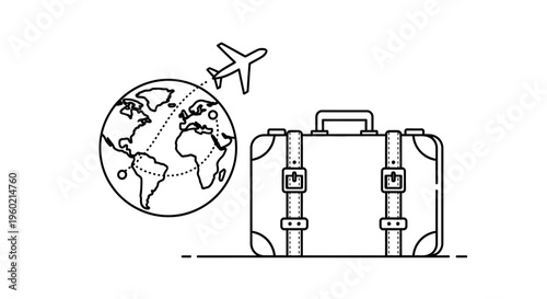 Travel concept with vintage suitcase, airplane, and world map globe. Global journey, vacation, tourism, and adventure line art illustration.