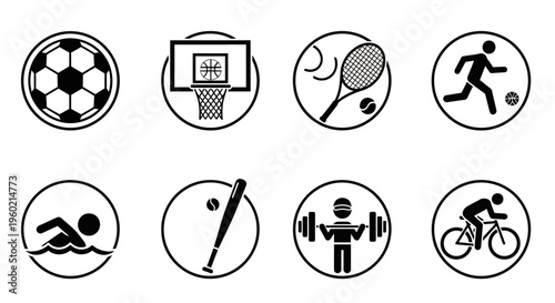Collection of diverse sports and fitness activity icons including soccer, basketball, tennis, swimming, baseball, weightlifting, cycling