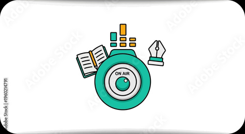 Creative content production and online broadcasting concept with ON AIR button, writing, audio, and educational resources.