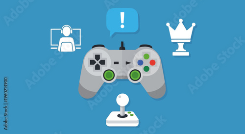 Digital Entertainment and Esport Concept with Gamepad, Joystick, Streaming, Communication, and Achievement Icons on Blue
