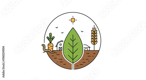 Circular line art farm illustration with a big green leaf, growing carrot, wheat, barns, and sun, representing organic agriculture and sustainable food.