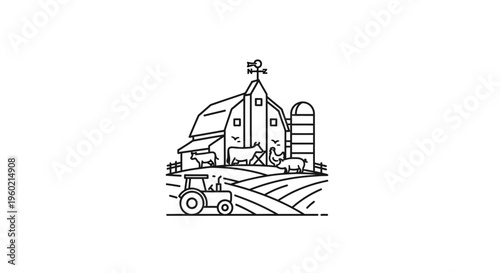 Farm line art illustration with barn, silo, tractor, and livestock in a rural landscape. Outline icon for agriculture.