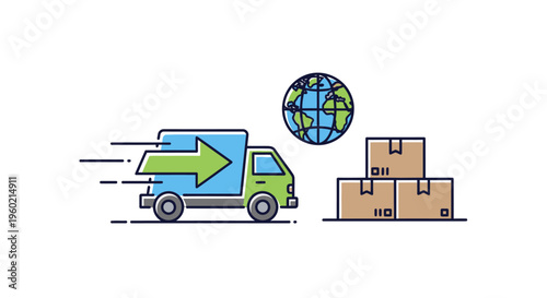 Global express delivery and shipping logistics concept with fast truck, stacked packages, and earth icon for worldwide e-commerce.
