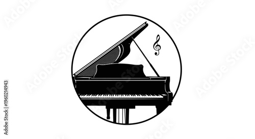 Grand Piano Music Illustration with Treble Clef in Circle Frame, Black and White Musical Instrument Icon Design