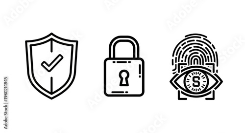 Digital security and online privacy concept with line icons: shield with checkmark, padlock, and biometric fingerprint authentication