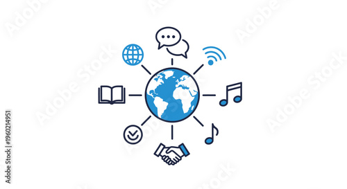 Global network connection, communication, business, education, and entertainment vector icons around a world map.