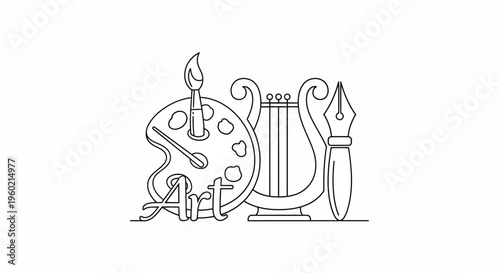 Art concept line illustration with paint palette, paintbrush, lyre, and fountain pen, symbolizing creative expression and cultural forms.