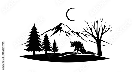 Wild creature silhouette in a dark mountain landscape at night under a crescent moon, fantasy nature illustration.