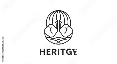 Minimalist line art logo featuring abstract sailing ship within a globe. Global travel, heritage, maritime, and exploration symbol icon.