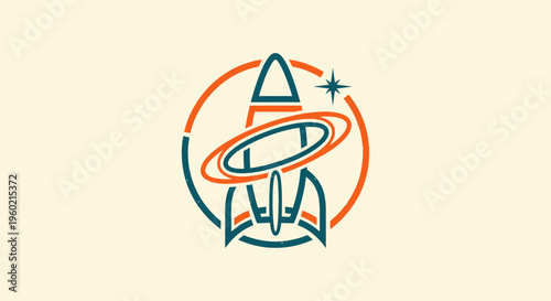 Retro rocket spaceship illustration with orbiting rings and star icon, representing space exploration, startup, launch, and innovation.