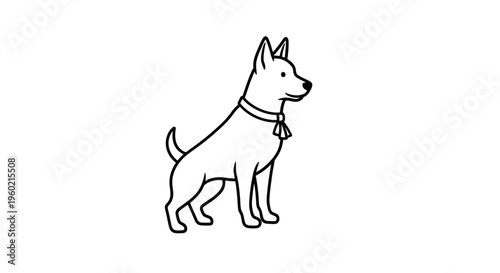 Minimalist black and white line art illustration of a domestic dog wearing a collar and bell, simple pet drawing.