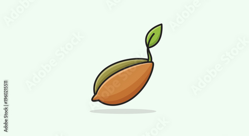 Cartoon illustration of a germinating seed with a green sprout and leaf, symbolizing growth, new life, and beginning