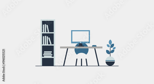 Clean minimalist home office with computer, desk, chair, bookshelf, and plant in flat design style