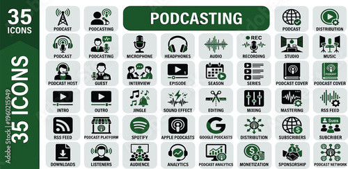 Comprehensive set of 35 podcasting icons for digital audio content creation, broadcasting, and online distribution, perfect for media applications and creative projects