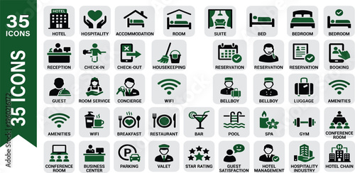 Modern vector icon collection for hotels and hospitality, detailing essential services like reception, rooms, dining, and leisure, perfect for web and app interfaces