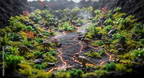 Prehistoric creatures inhabit a lush, volcanic landscape illuminated by glowing fissures.