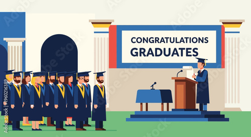 Graduates in caps and gowns standing.